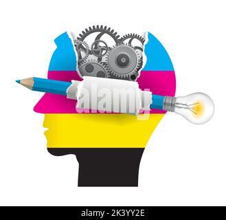 Smart solutions, printing technology, young man. Stylized Male Head silhouette with gear and pencil with bulb and cmyk colors. Stock Vector