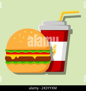 Cartoon volumetric image of a burger, a glass with a drink and a drinking straw. Vector color illustration. Stock Vector