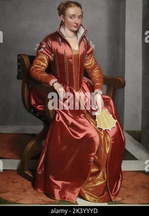 Portrait of a Lady (La Dama in rosso) by Italian Renaissance painter Giovanni Battista Moroni at the National Gallery, London, UK Stock Photo