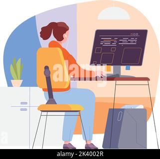 Female programmer working on computer. Freelancer workplace isolated on white background Stock Vector