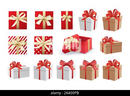 Christmas and happy new year gift boxes set on white background. Stock Vector