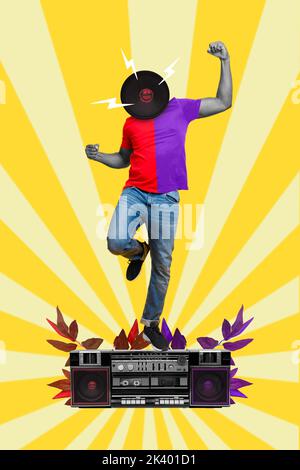 Creative trend collage of dancing man boombox dynamic instead head loud music retro vintage tape recorder plants decoration discotheque Stock Photo