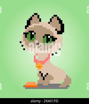 Pixel 8 bit siamese cat. Animals for game assets in vector illustration. Stock Vector