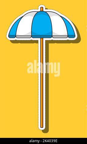 Cartoon sticker of a beach umbrella with blue and white stripes, on a yellow background. Vector illustration. Stock Vector