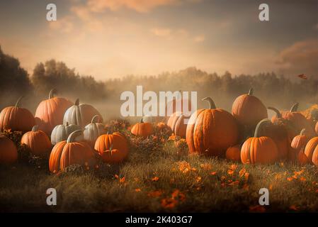 Idyllic autumn scene with field of pumpkins in grass on sunny sky. Thanksgiving and halloween holiday greeting card background. Season festive scenery Stock Photo