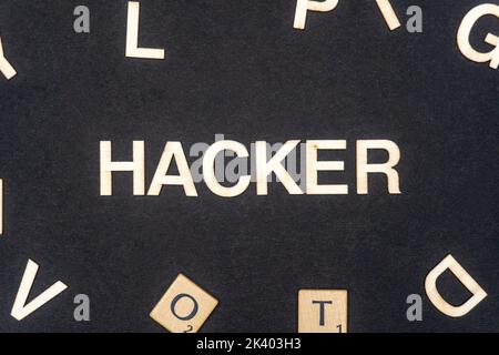 HACKER word written on dark paper background. HACKER text on dark for your designs, concept. Stock Photo