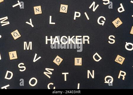 HACKER word written on dark paper background. HACKER text on dark for your designs, concept. Stock Photo