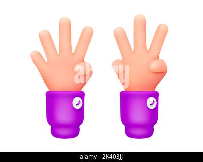 3d render, counting human hands showing three and four fingers. Communication, body language, number gestures digital concept isolated on white background, Cartoon Illustration in plastic style Stock Vector