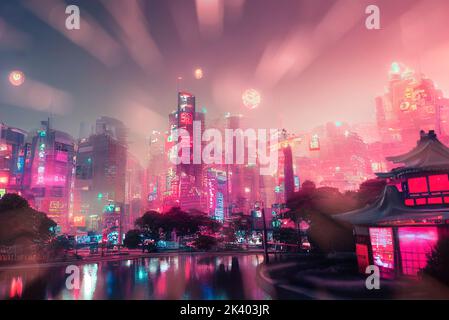 Futuristic cityscape with neon lights at night. Surreal abstract modern city wallpaper. Stock Photo