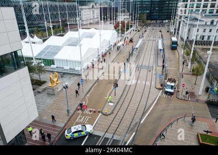 Centenary Square, Birmingham - September 29th 2022 - Final touches are being tweaked for the Conservative Party Conference that starts on Sunday 1st October at Birmingham's International Convention Centre and Centenary Square. Pic Credit: Scott CM/Alamy Live News Stock Photo