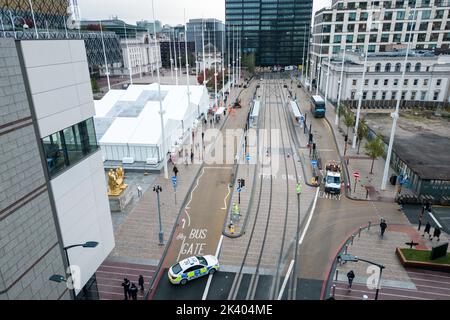 Centenary Square, Birmingham - September 29th 2022 - Final touches are being tweaked for the Conservative Party Conference that starts on Sunday 1st October at Birmingham's International Convention Centre and Centenary Square. Pic Credit: Scott CM/Alamy Live News Stock Photo