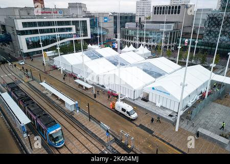 Centenary Square, Birmingham - September 29th 2022 - Final touches are being tweaked for the Conservative Party Conference that starts on Sunday 1st October at Birmingham's International Convention Centre and Centenary Square. Pic Credit: Scott CM/Alamy Live News Stock Photo