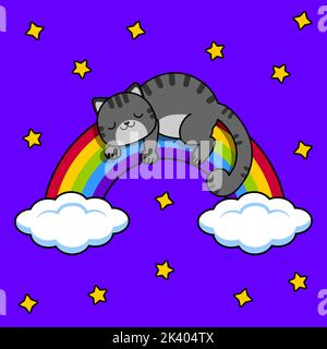 Gray cat sleeps on a rainbow. Night sky and stars.Vector illustration Stock Vector