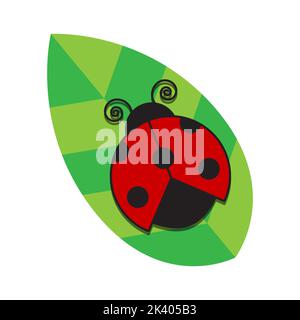 Red ladybug on a green leaf. Vector illustration. Stock Vector