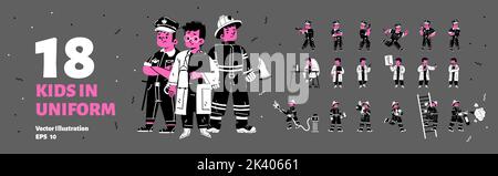 Set of kids in professional policeman, doctor and firefighter uniform. Cute boys playing different occupation in costumes of medicine worker, police officer and fireman, vector hand drawn collection Stock Vector