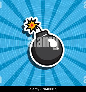 Cartoon illustration of a bomb. Blue retro background. Comic style, pop art. Stickers, patches, pins. Stock Vector