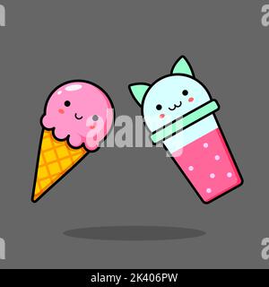 Kawaii images of a Pink scoop of ice cream and a Glass with a pink cocktail. Glass with cat ears. Smiling glass. Vector illustration Stock Vector