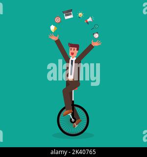 Businessman showing his skills on unicycle. Business skill concept. vector illustration Stock Vector