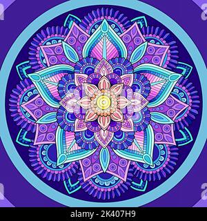 mandala with a mix of colors, yellow, pink, purple and blue Stock Photo