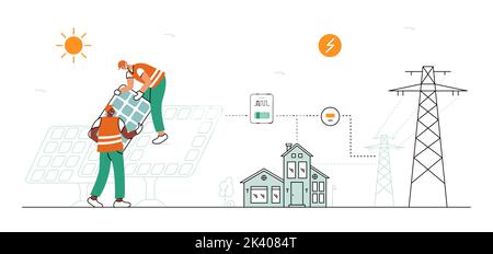 Workers set a panel at a solar power plant. Scheme of the power station. Smart and green energy. Stock Vector