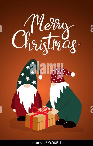 Christmas card. Two cute dwarfs with a gift on a dark background. Vector. Stock Vector