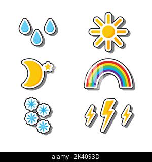 Set of stickers for weather forecast. Vector images, on a dark background, clouds, clouds, rainbows, sun, stars, lightning, moon, snow and rain. Stock Vector