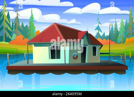Floating house On bank of lake. Dwelling with small courtyard on water. illustration vector Stock Vector
