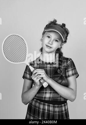 healthy sporty tween girl hold tennis racket, badminton Stock Photo