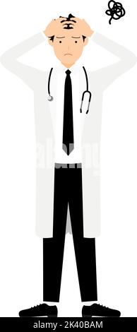 Pose of male doctor in white coat holding head and puzzling Stock Vector