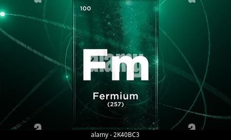 Fermium (Fm) symbol chemical element of the periodic table, 3D animation on atom design background Stock Photo