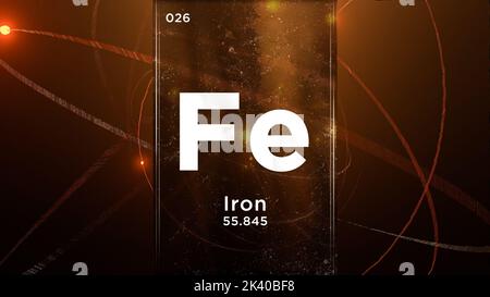 Iron (Fe) symbol chemical element of the periodic table, 3D animation on atom design background Stock Photo