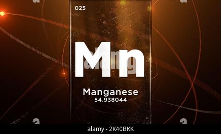 Manganese (Mn) symbol chemical element of the periodic table, 3D animation on atom design background Stock Photo
