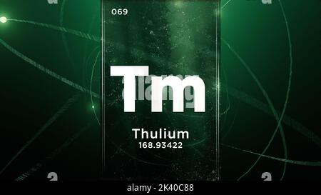 Thulium (Tm) symbol chemical element of the periodic table, 3D animation on atom design background Stock Photo