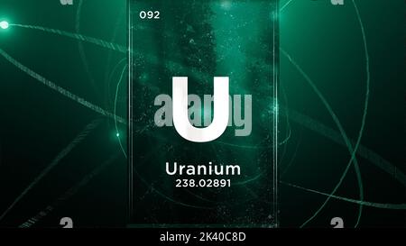Uranium (U) symbol chemical element of the periodic table, 3D animation on atom design background Stock Photo