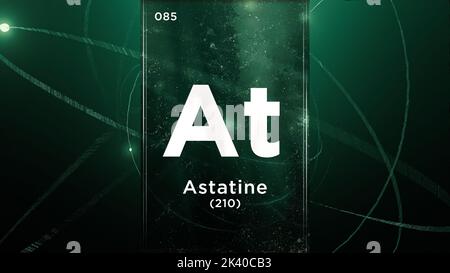 Astatine (At) symbol chemical element of the periodic table, 3D animation on atom design background Stock Photo