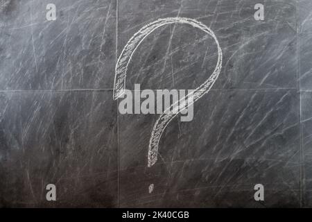 Question marks drawn with chalk on the school board Stock Photo