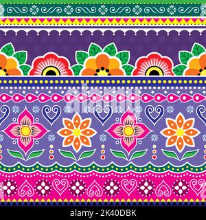 Pakistani or Indian truck art vector seamless pattern with flowers and leaves, jingle truck floral design in pink and purple Stock Vector