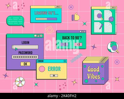 Set of vaporwave UI and UX elements. PC retro game frame. Nostalgic ...