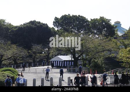 Around Nippon Budokan in the morning, where the state funeral for former Japanese Prime Minister Shinzo Abe is held on September 27, 2022 in Tokyo, Japan. The security has been tightened. Stock Photo