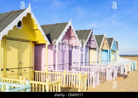 Mersea Island beach huts colourful beach huts Mersea Island beach West mersea Island Essex England UK GB Europe