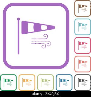Windsock indicator with wind solid simple icons in color rounded square frames on white background Stock Vector