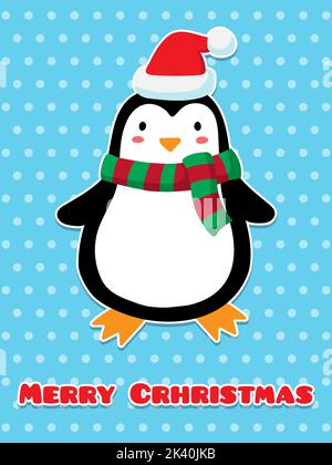 Merry Christmas postcard. Penguin in a hat and scarf. cute simple flat vector illustration. Stock Vector