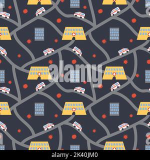 Vector seamless doctor pattern with hospital, road and ambulance on background with virus for product design, wrapping paper, scrapbooking, wallpaper Stock Vector