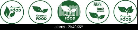 A set of circular emblems with inscriptions 'organic food' Stock Vector