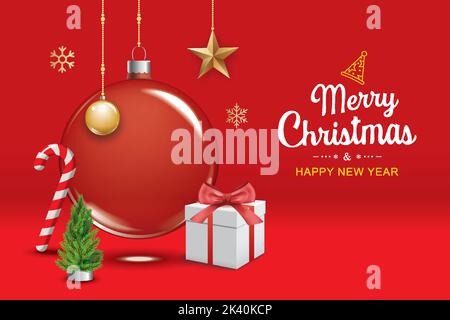Merry christmas glass ball and decoration object for flyer brochure design on red background invitation theme concept. Happy holiday greeting banner a Stock Vector