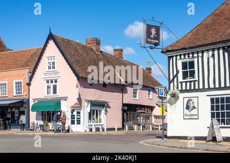 16th century The Essex Rose Tea House and Marlborough Pub, High Street, Dedham, Essex, England, United Kingdom Stock Photo