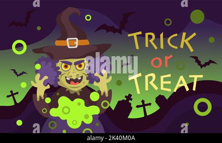 vertical background with witch and potion and inscription halloween trick or treat Stock Vector
