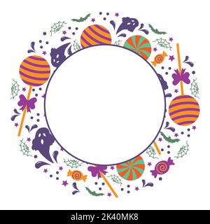 Round Halloween frame with ghosts, cobwebs and sweets, vector illustration. Stock Vector