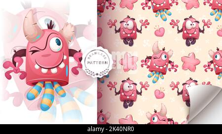 Cartoon character adorable animal monster - seamless pattern Stock Vector