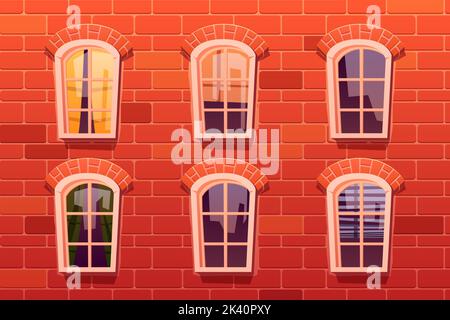 Classic arched windows on red brick wall with curtains and blinds, city reflection in glass. Cartoon vector illustration of apartment building facade. Urban architecture background. Real estate Stock Vector